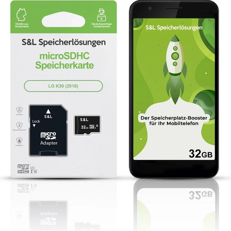 S&L microSD Speicherkarte 32GB für LG K30 (2018), Class 10 U1, stoßsicher, wasserdicht, hohe Lesegeschwindigkeit