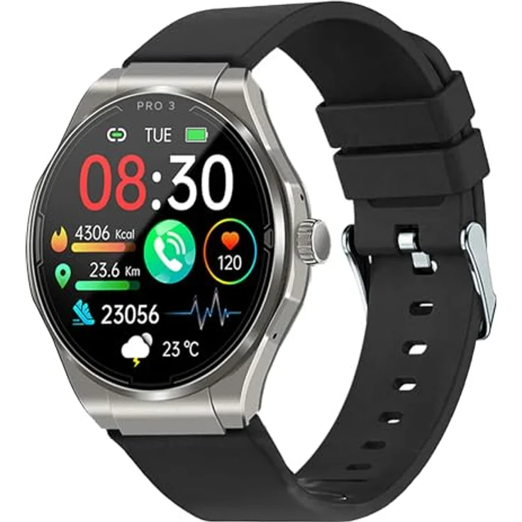 Knauermann PRO 3 (2024) Silber - Gesundheitsuhr Smartwatch mit Telefoniefunktion - EKG + HRV und SOS Funktion - AMOLED Display- BT Bluetooth - Schlafapnoe - Silikonband Schwarz, 14-24, rund