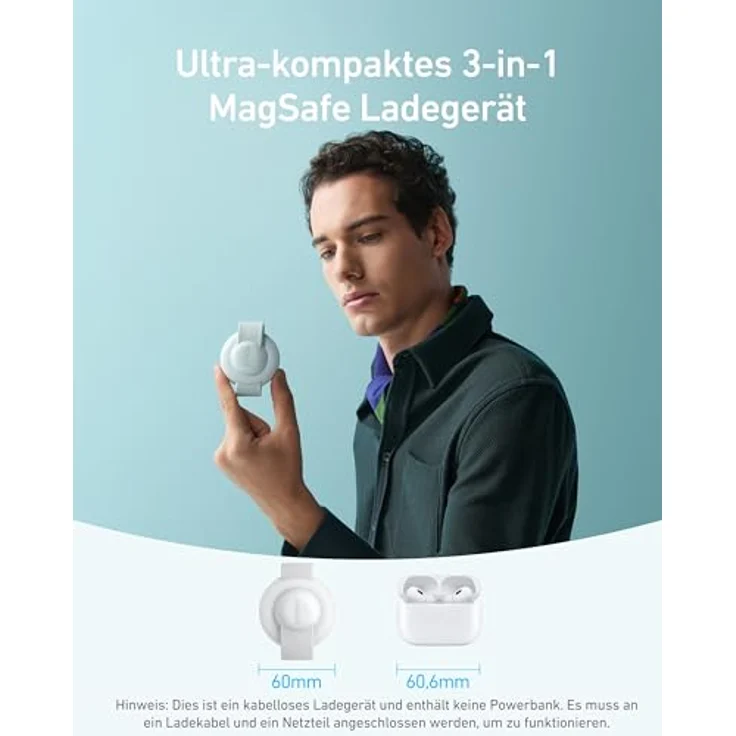 Anker MagGo 3-in-1 Kabellose Ladestation (mit EU/US/UK Stecker), MagSafe-Kompatibles Qi2-Zertifiziertes 15W Ladegerät, Faltbares Reise-Ladepad für iPhone 16/15, AirPods, Apple Watch - Weiß – Bild 2