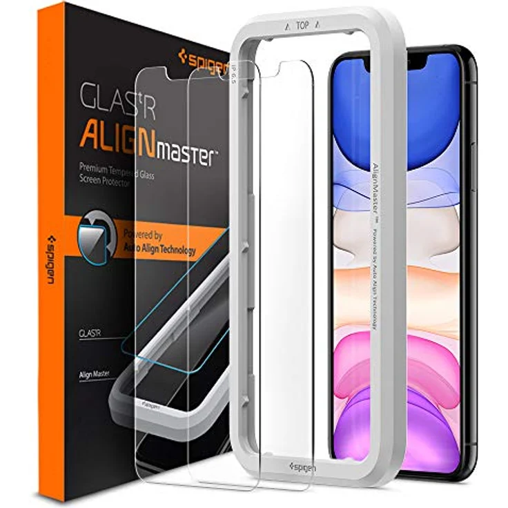 Spigen AlignMaster Displayschutzfolie, 2er Pack, kompatibel mit iPhone 11 und iPhone XR, kratzfest, 9H Härte, Hüllenfreundlich, transparent – Bild 1