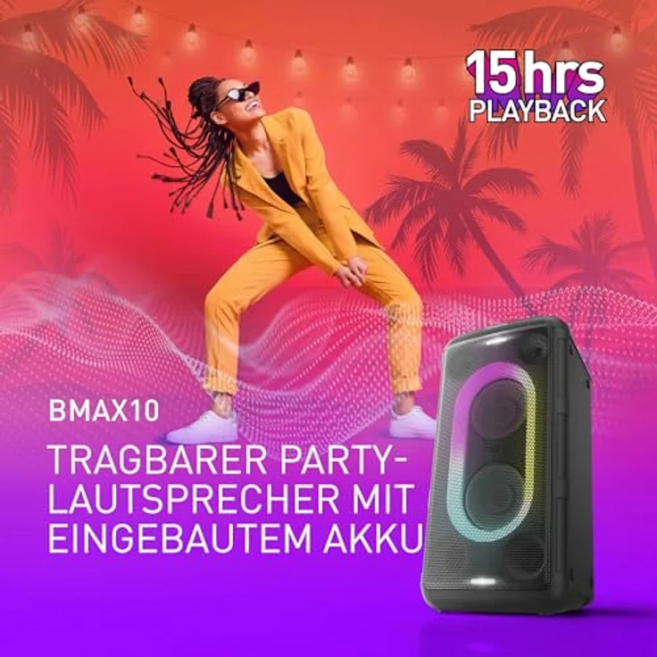 Panasonic SC-BMAX10E-K Tragbarer Party-Lautsprecher mit Bluetooth, integrierter Beleuchtung, 150 W, USB, optischem Eingang für TV, Gitarren- & Mikrofoneingängen für Karaoke, Schwarz – Bild 2