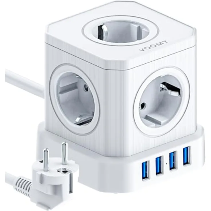 Voomy VOOMY 9-in-1 Steckdosenwürfel mit USB, Steckdosenleiste 5-Fach mit 4 USB, Mehrfachsteckdose mit Schalter, Steckdosenleiste Überspannungsschutz, 2500W Powercube 2M Kabel für Büro, Zuhause, Weiß