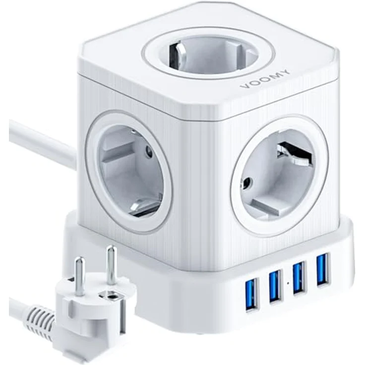 Voomy VOOMY 9-in-1 Steckdosenwürfel mit USB, Steckdosenleiste 5-Fach mit 4 USB, Mehrfachsteckdose mit Schalter, Steckdosenleiste Überspannungsschutz, 2500W Powercube 2M Kabel für Büro, Zuhause, Weiß – Bild 1