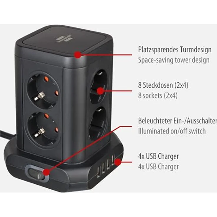 Brennenstuhl Steckdosenturm 8-fach in 45°-Anordnung, Steckdosenleiste ,schwarz, 4x USB – Bild 2