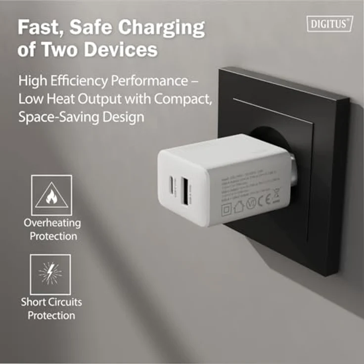 DIGITUS USB-Ladegerät 2-Port, USB-C und Typ-A, bis zu 20W, Schnellladegerät, geeignet für Handys, Tablets, Smartwatches, Bluetooth-Kopfhörer, Weiß – Bild 4