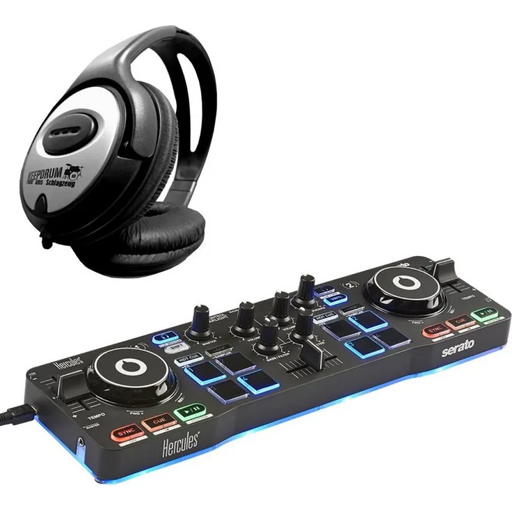 HERCULES DJControl Starlight, kompakter 2-Deck DJ Controller mit RGB-Beleuchtung und keepdrum Kopfhörer