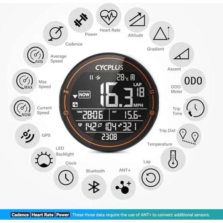 CYCPLUS Fahrradcomputer GPS Fahrradtacho Kabellos, Wasserdicht IPX6 Fahrrad Computer ANT+ Drahtloser Radcomputer, Rennrad Bluetooth 5.0 und Kilometerzähler, kompatibel mit Strava, Schwarz – Bild 3