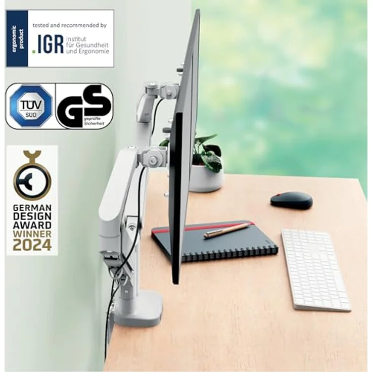 Leitz Ergo Platzsparender Doppel-Monitorarm für 17–32-Zoll-Monitore, Ergonomischer Monitorständer mit Links-/Rechtsdrehfunktion, Kippfunktion, 18 kg Tragkraft, Hellgrau, 65370085 – Bild 2
