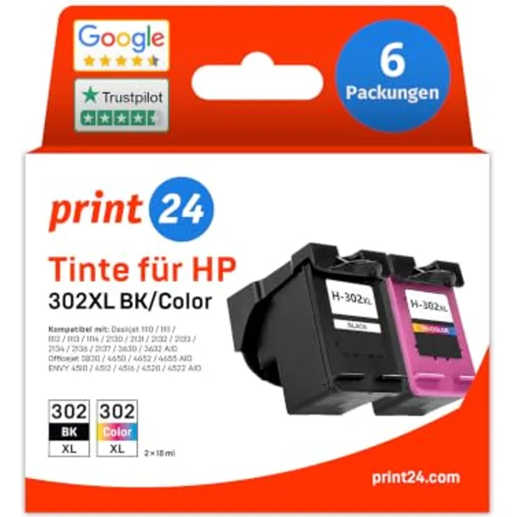 print24 Tintenpatrone 302XL, 6-tlg. Set in Schwarz, Cyan, Magenta und Gelb, kompatibel mit HP Druckern