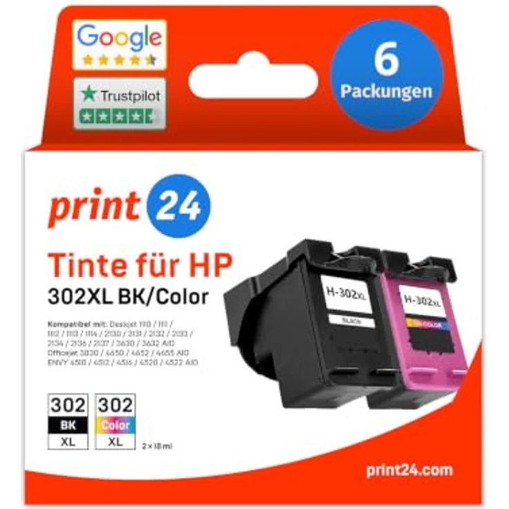 print24 Tintenpatrone 302XL, 6-tlg. Set in Schwarz, Cyan, Magenta und Gelb, kompatibel mit HP Druckern – Bild 1
