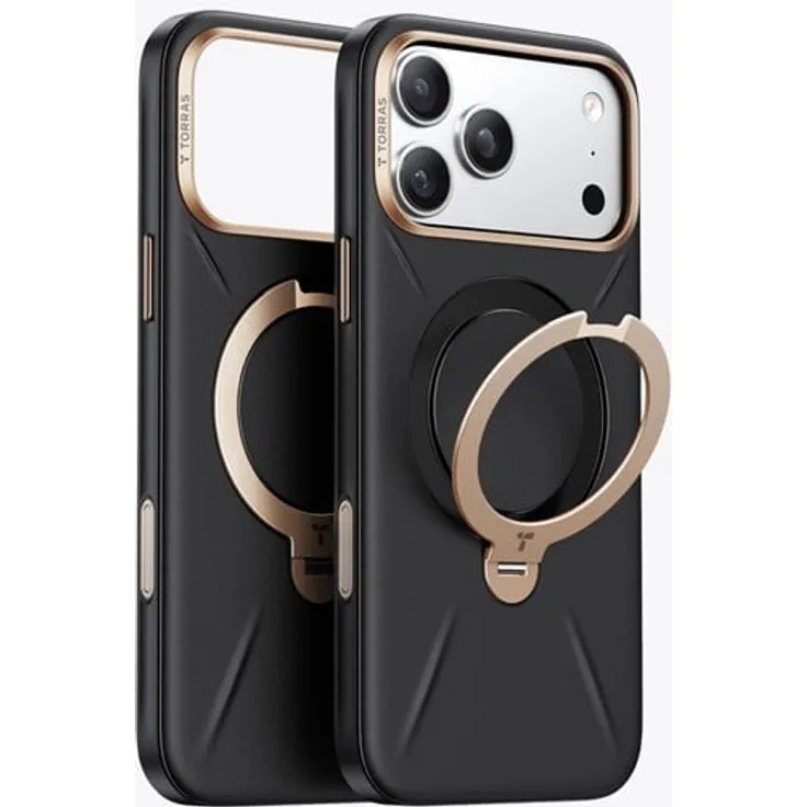 Torras Ostand Q3 VegSkin - schwarze Handyhülle für iPhone 18 Pro Max, veganes Leder, 360° drehbarer Aufsteller, MagSafe-kompatibel, Fallschutz bis 2.4 m, kratz- und wasserresistent