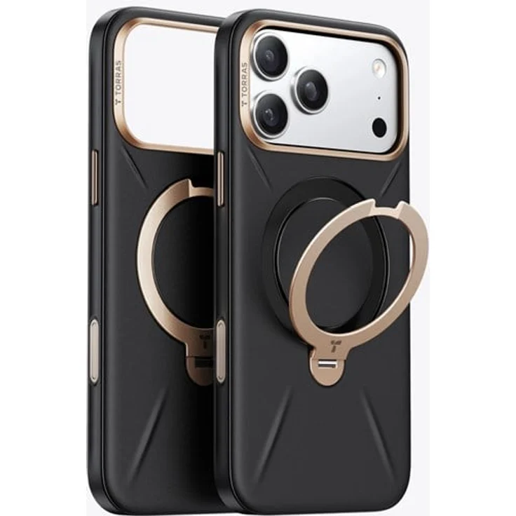 Torras Ostand Q3 VegSkin - schwarze Handyhülle für iPhone 18 Pro Max, veganes Leder, 360° drehbarer Aufsteller, MagSafe-kompatibel, Fallschutz bis 2.4 m, kratz- und wasserresistent