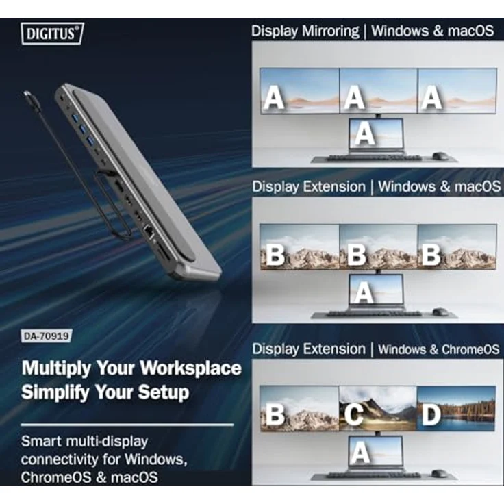 DIGITUS USB-C Docking Station 12-Ports, 2x HDMI, 1x DP UHD 8K 30Hz, 2x USB-A 3.2 Gen2, 1x Typ-C 3.2 Gen2, 1x Typ-A 3.2 Gen1, RJ45, Kartenleser, 3,5mm Audio, Grau – Bild 3