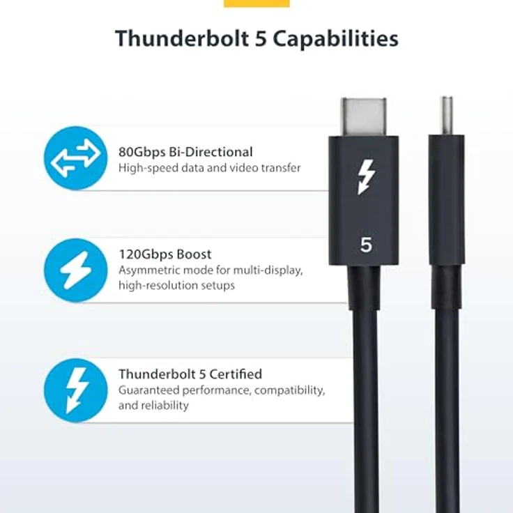 StarTech.com Thunderbolt 5 Kabel 80cm, 80-120Gbps, 240W PD, Dual 8K 60Hz, Thunderbolt-zertifiziert, USB4, USB-C – Bild 3