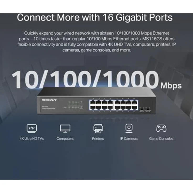 Mercusys MS116GS, 16-Port Gigabit Switch, Unmanaged, Plug & Play, isolierter Client-Datenverkehr, robustes Metallgehäuse, 294 x 140 x 44 mm – Bild 6