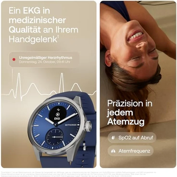 Withings ScanWatch 2, Gesundheits-Smartwatch mit EKG, SpO2, Temperatur- und Schlaf-Tracker, wasserdicht, Akku 30 Tage, Blue, 42mm – Bild 4
