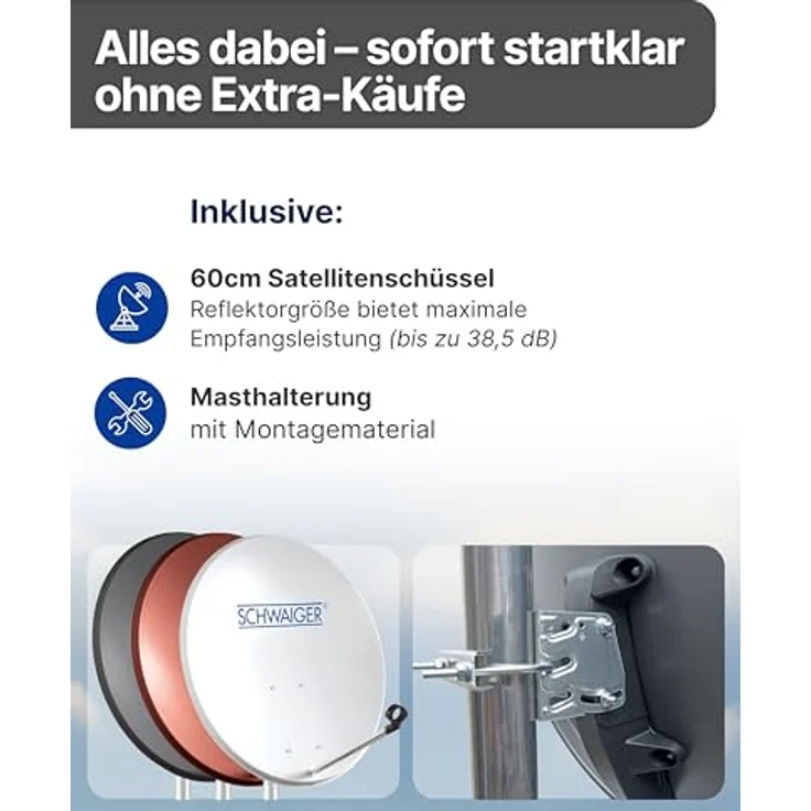SCHWAIGER Satellitenschüssel Ø 55 cm Stahl Offset Antenne in Ziegelrot, wetterfest, Multifeed geeignet, maximale Empfangsleistung 35,2 dB – Bild 3