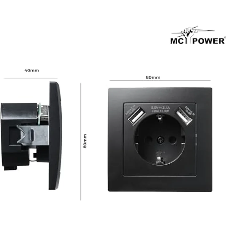 McPower Unterputz Schutzkontakt Steckdose + 2x USB-A 5V / 2,1A FLAIR, matt Schwarz - Deutsche Qualität, Einbau mit Einsteckschutz – Bild 3