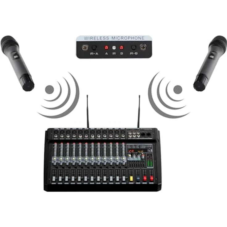 Pronomic Powermake 1200 Powermischer - 12-Kanal-Mischpult - 2 UHF-Funkmikrofone - 760 W RMS-Leistung - 24Bit Multi-Effekt-Prozessor - Bluetooth®/USB-Player/Recorder - Grafischer Equalizer - Schwarz – Bild 4