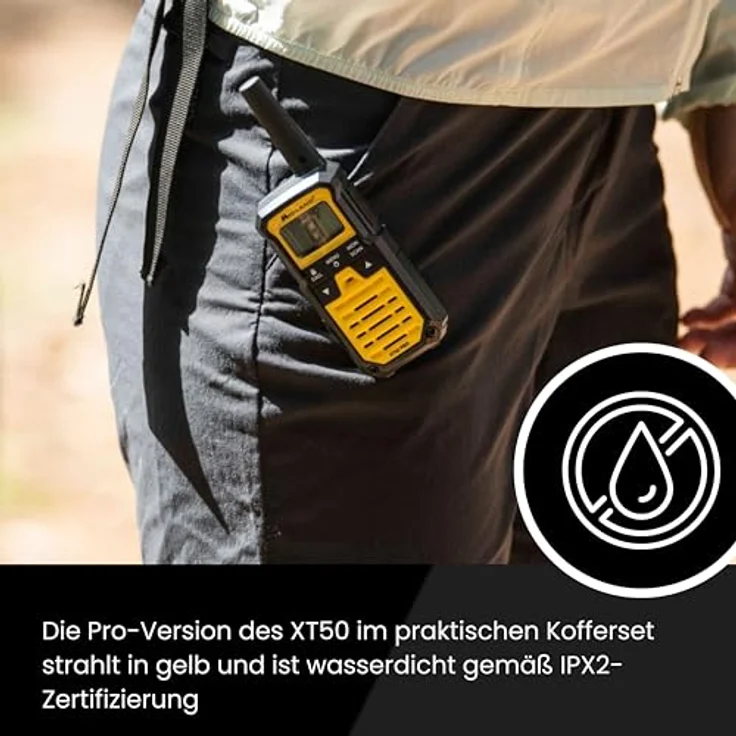 Midland XT50 Pro Walkie-Talkie mit 16 Kanälen, Reichweite bis zu 8 km, IPX2 wasserfest, Gelb – Bild 10