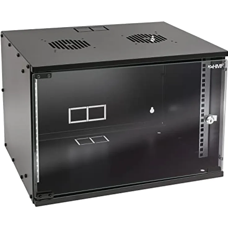 HMF 65707-02 Netzwerkschrank, Serverschrank 19 Zoll | 7 HE | 400 mm Tiefe | Glastür | Schwarz