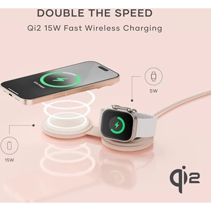 Satechi OntheGo 2-in-1 Wireless Charger mit Qi2 (15 W), faltbares Ladegerät für iPhone und Apple Watch, Rosa – Bild 2