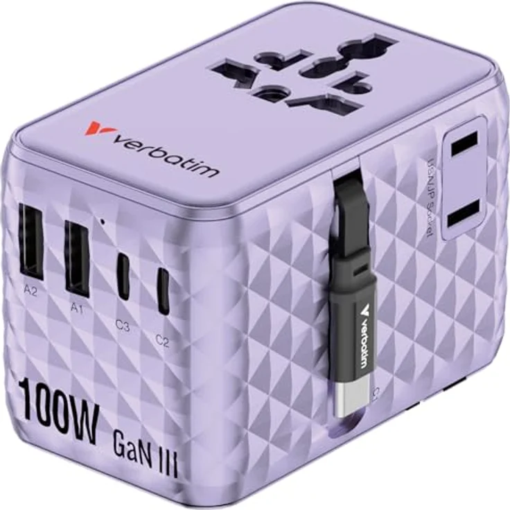 Verbatim Charge 'N' Travel 100W, Universal-Reiseadapter mit integriertem USB-C Kabel, lila – Bild 3