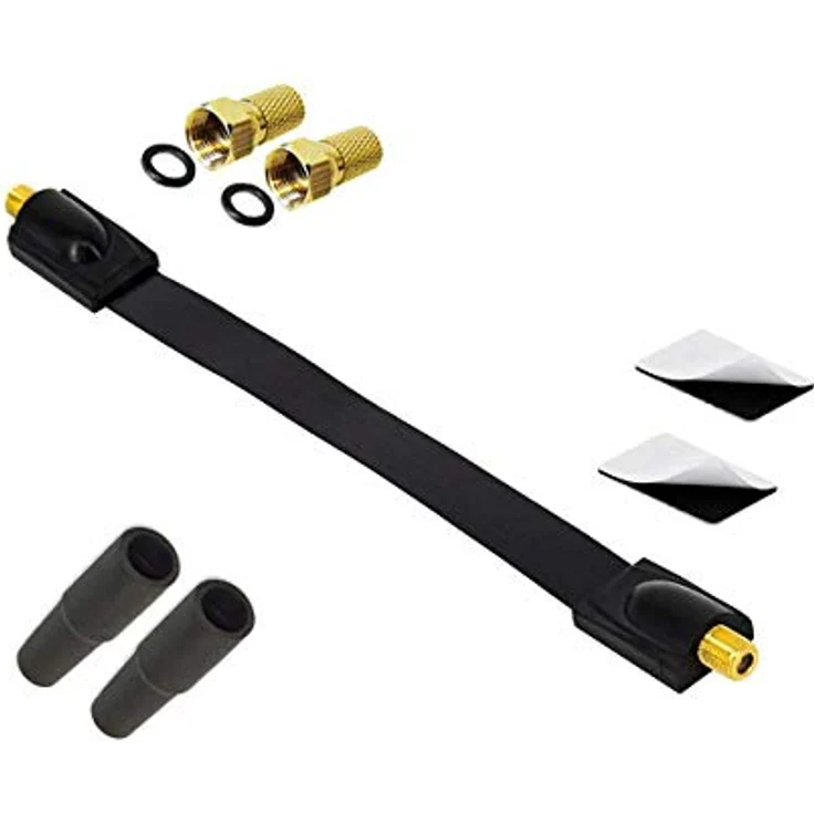 Premium X Satelliten Fensterdurchführung, Flachkabel Set mit 2X F-Stecker, 2X Gummitüllen, 26cm, schwarz, wetterbeständig, inkl. 2X Klebepads für DVB-C und DVB-T – Bild 1