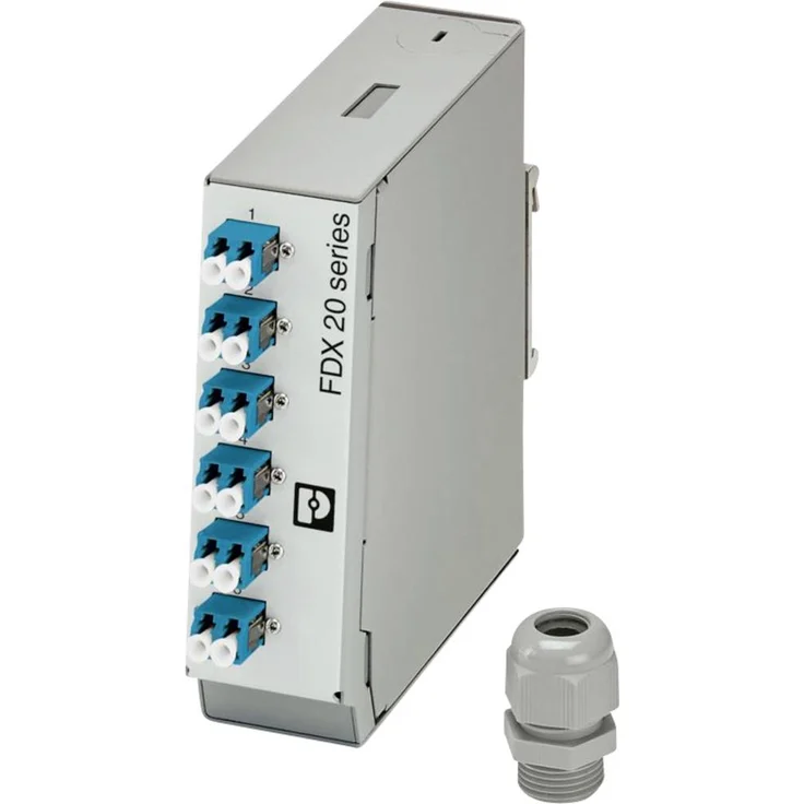 Phoenix Contact FOC-FDX20-PP-LCD6-OSP-PT9, LWL-Spleißbox als Tragschienenmodul, IP20, grau, mit Kabelabgang oben und unten
