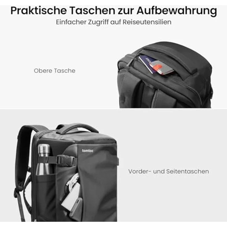 tomtoc 40L Reiserucksack, TSA Freundlich Handgepäck Rucksack Travel Backpack für 15,6-17 Zoll Laptop, Flug Genehmigt Bordgepäck Wasserabweisend Kabinenrucksack für Reise Weekender Trip, schwarz – Bild 5