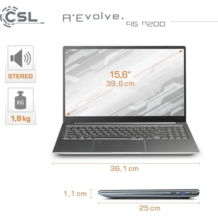 CSL-Computer Notebook CSL R'Evolve C15 v3 Windows 11 Pro - Ultra-Slim Laptop, 15,6 Zoll Display FHD 1920x1080 IPS, Intel N200 CPU 4x3700 MHz Turbotakt, 2000 GB M.2 SSD, 16 GB DDR4-RAM, USB 3.2, BT 5.1, AC WLAN - Mit eleganter Optik und leistungsstarker Ausstattung – Bild 2