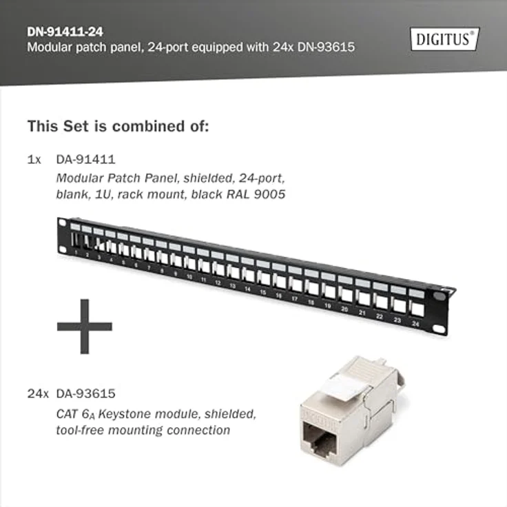 DIGITUS PatchPanel Set DN-93615, 24 Ports CAT 6A, 500 MHz, Rack-Montage im 19 Zoll Netzwerkschrank, 1 HE, Schwarz – Bild 3