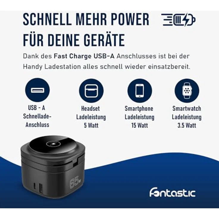 Fontastic Qumag induktive Ladestation 65W, Faltbarer 5-in-1 Wireless Charger mit Fast Charge USB-A und Power Delivery USB-C, geeignet für Smartphones, Tablets und mehr – Bild 4