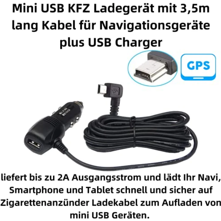 Aukson G66C Mini USB Auto Ladegerät abgewinkelt nach rechts mit 3,5m Kabel für Navigationsgeräte - KFZ Ladegerät Adapter mit USB+ Mini USB 5pin – Bild 2
