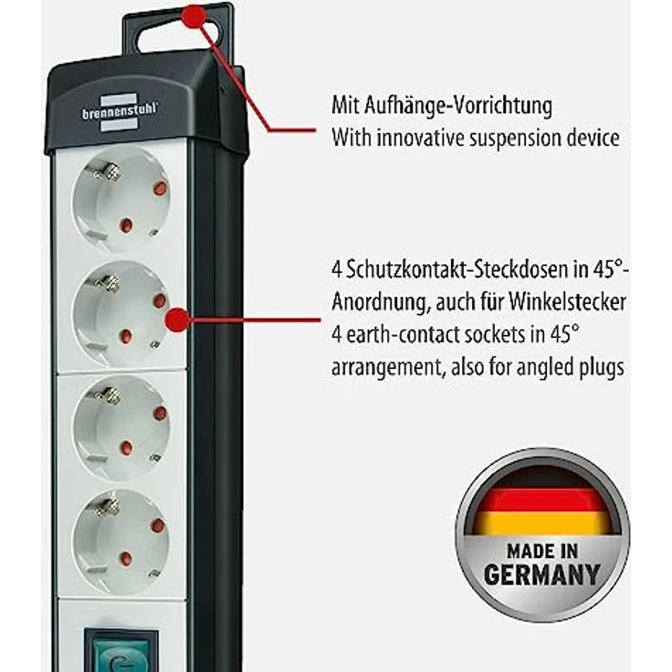 Brennenstuhl Premium-Line, Steckdosenleiste 4-fach (Steckerleiste mit Schalter und 5m Kabel - 45° Anordnung der Steckdosen, Made in Germany) schwarz-grau – Bild 2