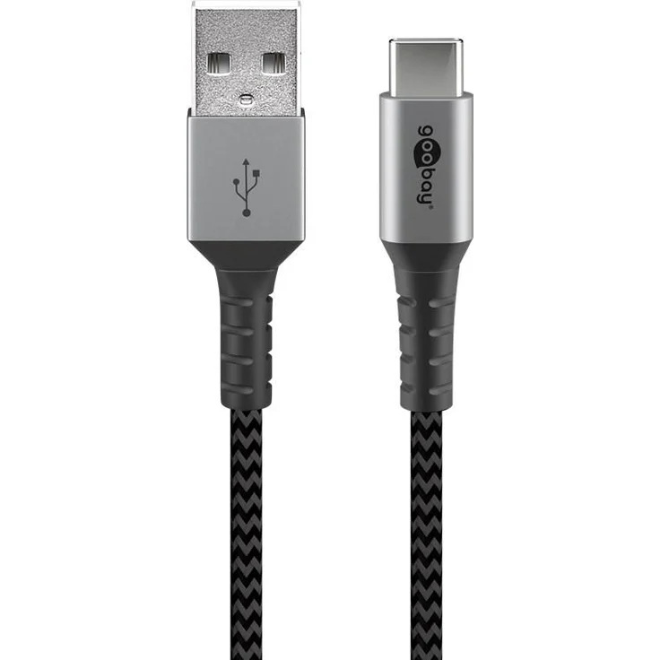 Goobay USB-C auf USB-A Textilkabel, 1 Meter, extra-robust mit Metallsteckern, optimierter Knickschutz, space grau/silber