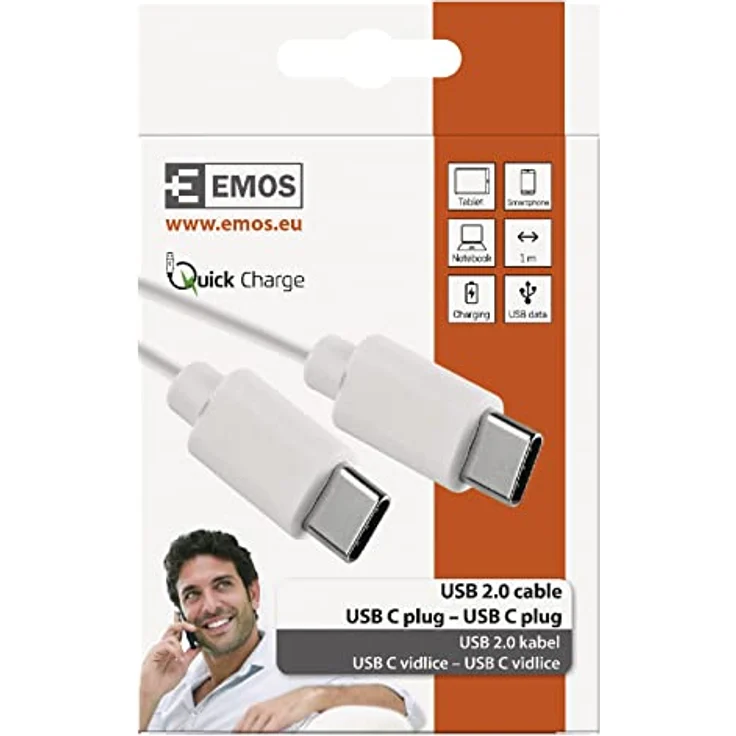 EMOS Ladekabel Typ C auf Typ C, Aufladen und Datenübertragung, 1 m langes Kabel 2.0 USB-C für Schnelladen und Datenübertragung, High Speed 480 Mbit/s, weiß – Bild 2