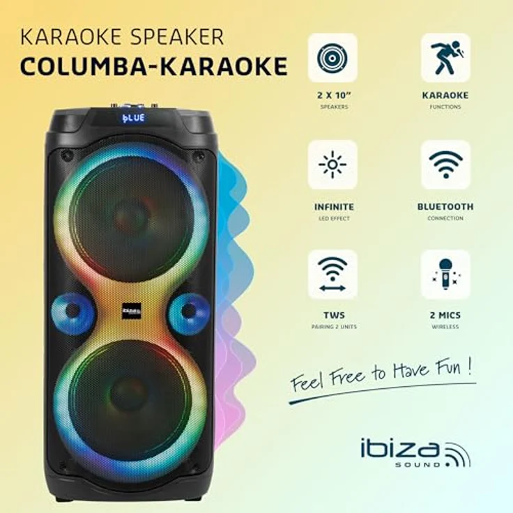 Ibiza COLUMBA-Karaoke Anlage, Lautsprecher Box mit zwei Mikrofonen, LED Beleuchtung und Bluetooth, 1000 W – Bild 3
