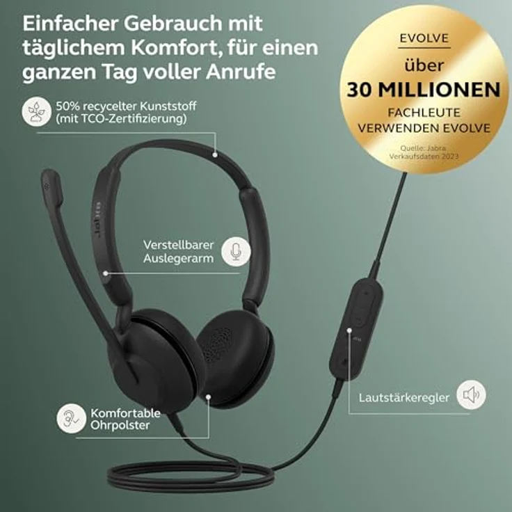 Jabra Evolve 10 Büro-Headset, Mikrofon mit Geräuschunterdrückung, kompaktes, leichtes Design, um 270 Grad drehbarer Auslegerarm, kabelgebundene USB-A-Verbindung, Schwarz – Bild 2