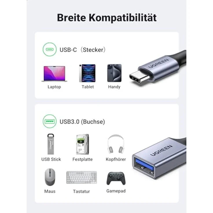UGREEN USB C auf USB OTG Adapter, 10 Gbps Datenübertragung, kompatibel mit iPhone 15-17, iPad Pro, MacBook Pro M4 und Galaxy S23/S24, grau – Bild 4