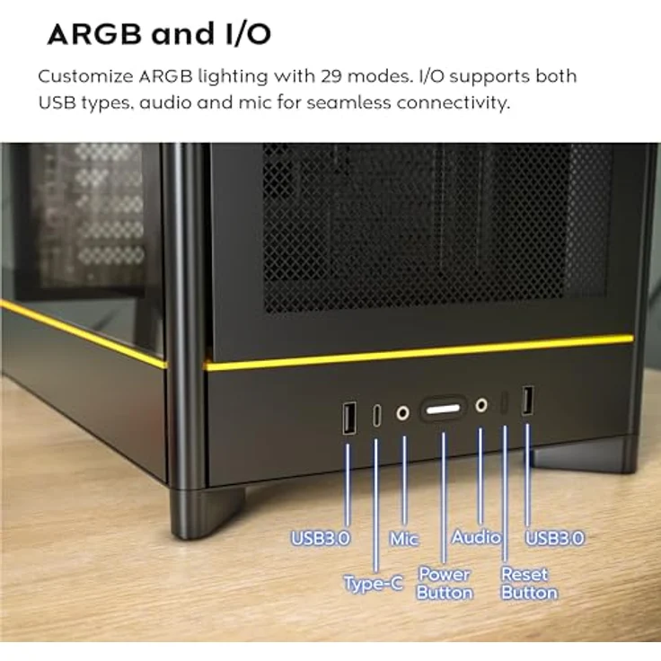 Montech HS01 PC-Gehäuse, Midi-Tower ATX, Tempered Glass, aRGB Beleuchtung - schwarz, bis zu 11x 120-mm-Lüfter, Radiatorunterstützung bis 360 mm – Bild 12