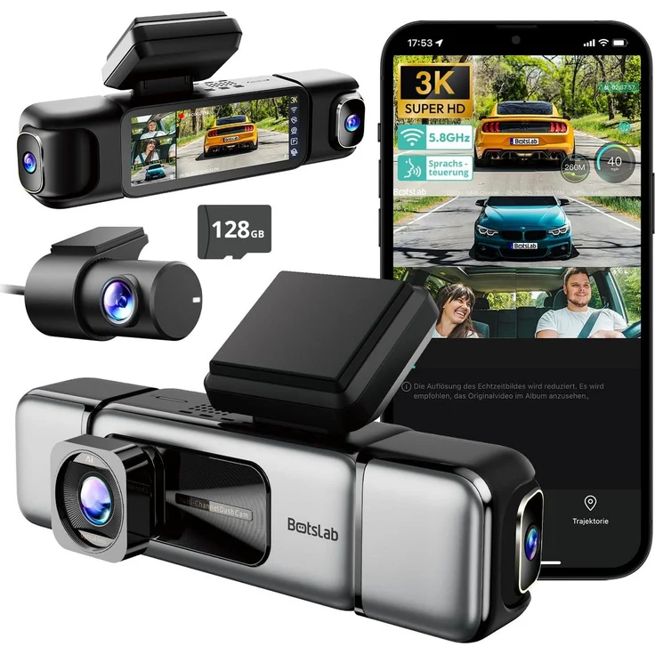 SMARTAI BOTSLAB 4K 4-Kanal Dashcam, Rundum-Überwachung mit 3K Front & 1080P Seitenkameras, Super Nachtsicht, 128GB Speicher