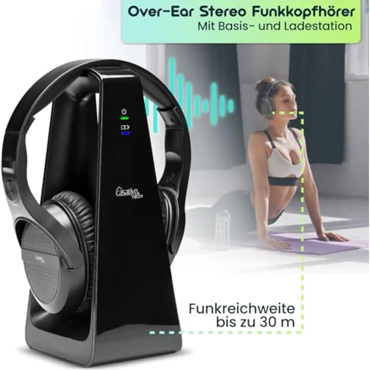 Casativo Digitaler Stereo-Funk-Kopfhörer mit 2-in-1 Funk- & Ladestation, kabellos, 30 m Reichweite, kristallklarer Sound, schwarz – Bild 3