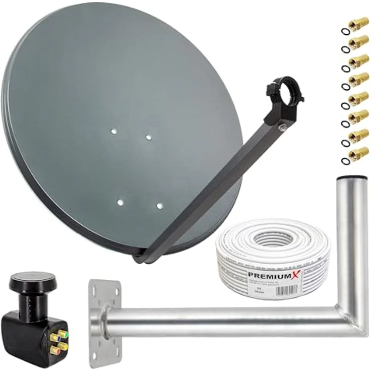 PremiumX PXS80, Satelliten-Komplettanlage 80cm Anthrazit mit Quad LNB, 50m Kabel, 8 F-Steckern und Wandhalterung, für bis zu 4 Teilnehmer – Bild 1