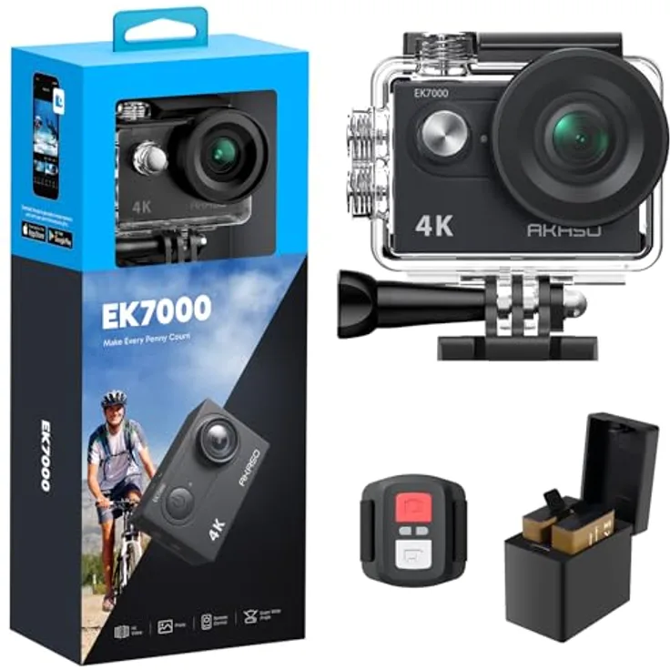 AKASO EK7000, 4K 30FPS Unterwasserkamera mit 20MP, WiFi, EIS Stabilisierung, 170° Weitwinkel und 4X Zoom, Schwarz, 2x1050mAh Akkus