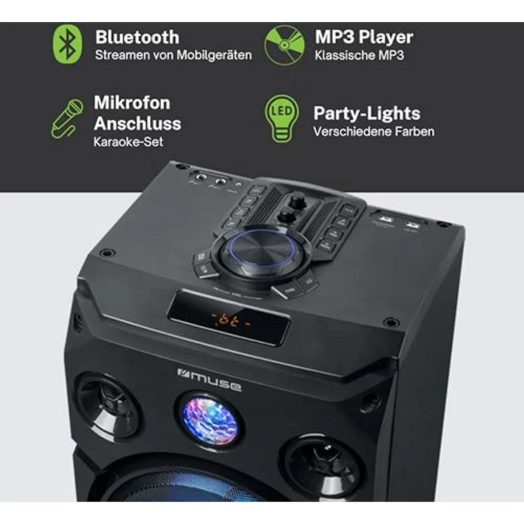 Muse M-1935 DJ PA-Anlage 400 Watt, mit Bluetooth und Licht-Effekten (USB, AUX, Mikrofon-Eingang), schwarz – Bild 3