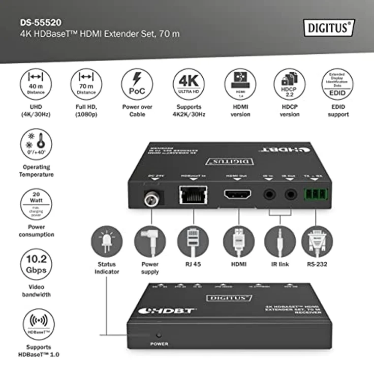 DIGITUS 4K HDBaseT™ HDMI Extender Set, 70 m, 4K2K@30Hz, RS232, IR, Schwarz – Bild 2