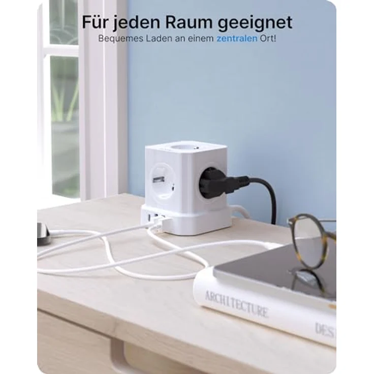 Voomy VOOMY 9-in-1 Steckdosenwürfel mit USB und Typ C, 5-Fach Steckdosenleiste, 3 USB-Anschlüsse, 4000W Mehrfachsteckdose mit Schalter, Überspannungsschutz, 2M Kabel, ideal für Büro und Werkstatt, Weiß – Bild 3