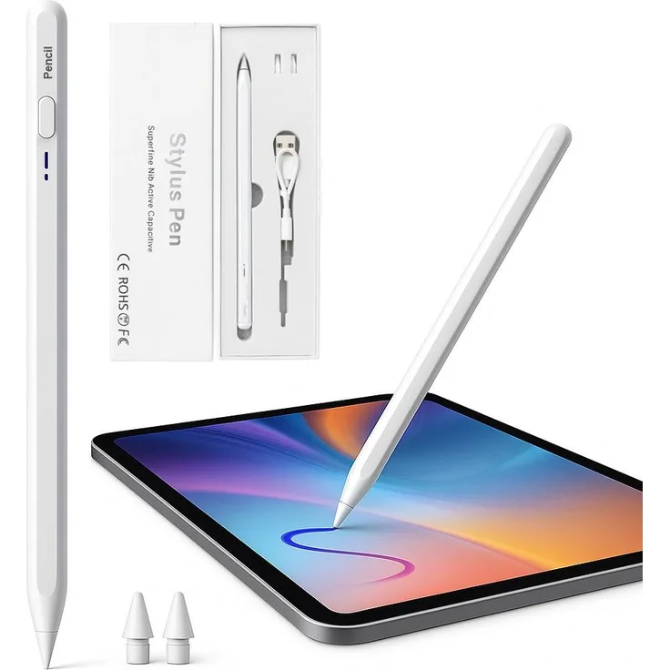Kevin Frotscher Stylus Pencil für Apple iPad 10/11/Pro 12.9"/13"/Air 10.9"/11"/Mini 5/6, USB-C Ladefunktion, magnetische Haftung, Bluetooth-Shortcuts, neigungsverträglich, 1,2 mm Feinspitze, 2 austauschbare Spitzen