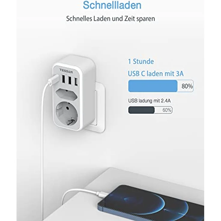 TESSAN Mehrfachsteckdose, Doppelstecker für Steckdose, Steckdosenadapter 2Fach mit 4 USB Netzstecker, Mehrfachstecker für Steckdose und USB C Adapter, Grau – Bild 3
